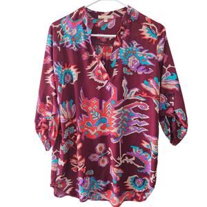 Gibson Latimer Burgundy Roll Tab Sleeve Tunic Small Boho Aztec Southwestern